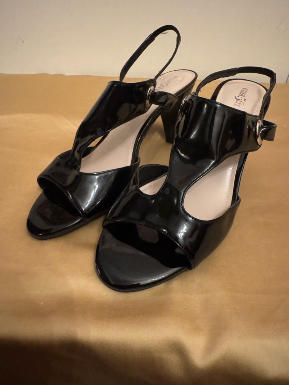 East 5th Black Patent Slingback Heels | Size 8.5W Peep Toe | Glossy Dress Shoes